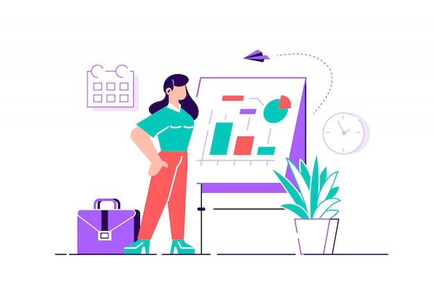 Mujer joven confiada que se coloca cerca de rotafolio y que señala el gráfico y el diagrama. Concepto de negocio creativo Interior de oficina Ilustración de diseño moderno de estilo plano para página web, tarjetas, póster