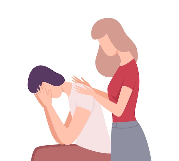 Mujer joven consolando hombre molesto gente tratando de salvar el amor y la amistad ilustración vectorial plana