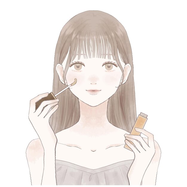 Mujer joven con corrector en una mano.