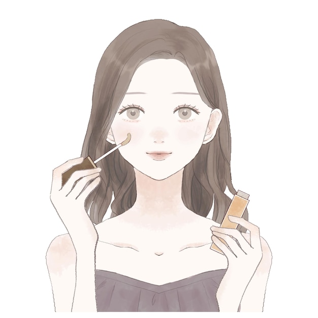 Mujer joven con corrector en una mano.
