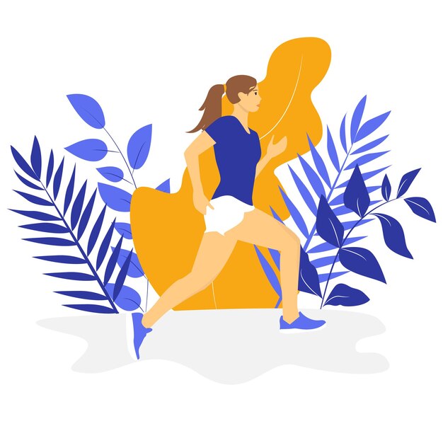 Mujer joven para correr. Concepto de estilo de vida activo y saludable, correr, competencia de la ciudad, maratones, entrenamiento cardiovascular, ejercicio. Ilustraciones de vectores aislados para flyer, prospecto, banner publicitario