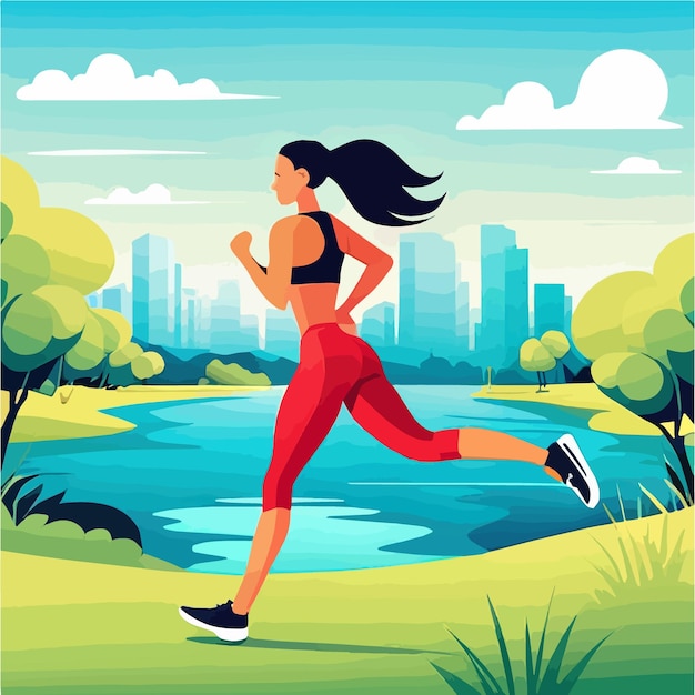 Vector mujer joven corriendo estilo de vida activo y saludable concepto correr competencia de la ciudad maratones cardio