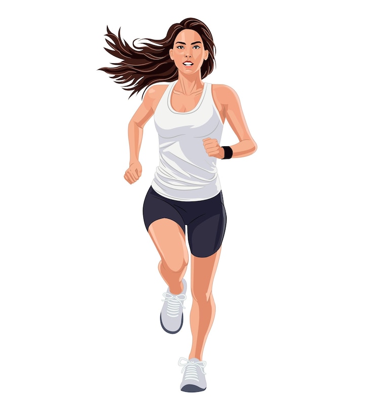 Vector mujer joven corriendo haciendo ejercicio aislada en fondo blanco
