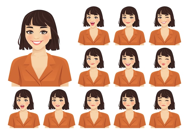 Mujer joven con corte de pelo corto diferentes expresiones faciales conjunto ilustración vectorial aislada