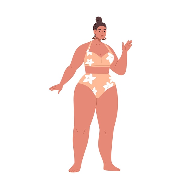 Mujer joven con cuerpo curvilíneo gordo regordete, de pie en bikini. Bonita chica gordita de talla grande en traje de baño. Personaje femenino fornido moderno. Ilustración de vector gráfico plano aislado sobre fondo blanco