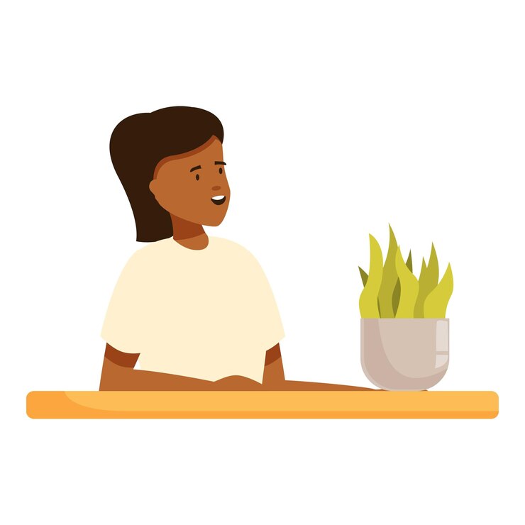 Vector mujer joven cuidando una planta en casa