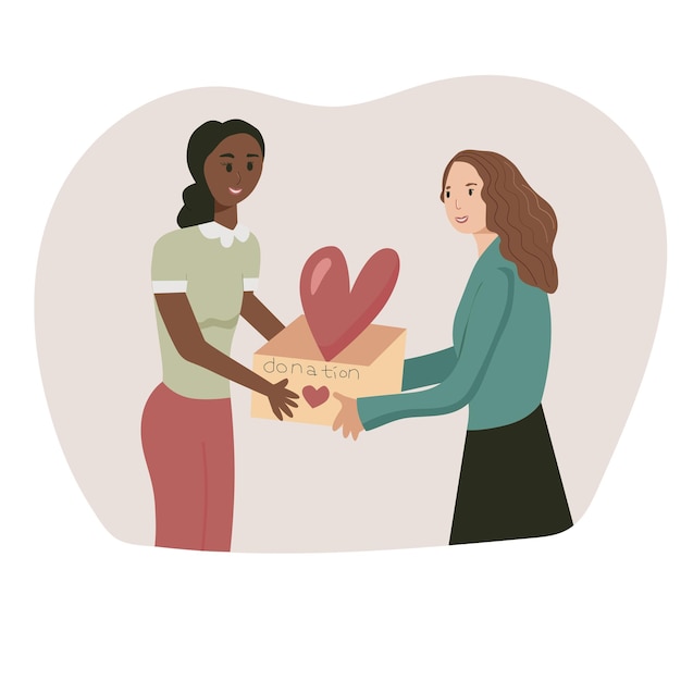 Mujer joven da caja con donación de corazón a dama Charity vector ilustración plana