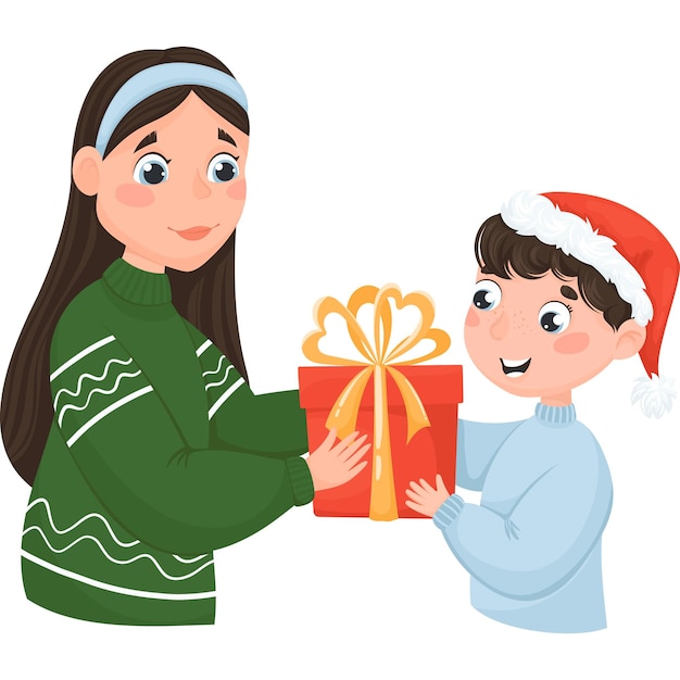 Mujer joven dando una caja con un regalo a un niño pequeño aislado en un fondo blanco regalos de Navidad