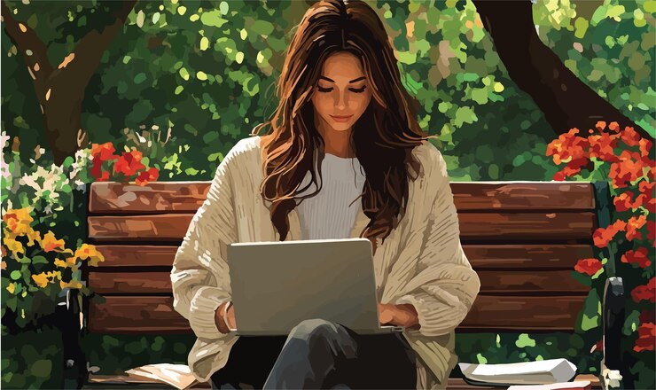 Vector mujer joven dedicada a la lectura rodeada de libros y computadora portátil