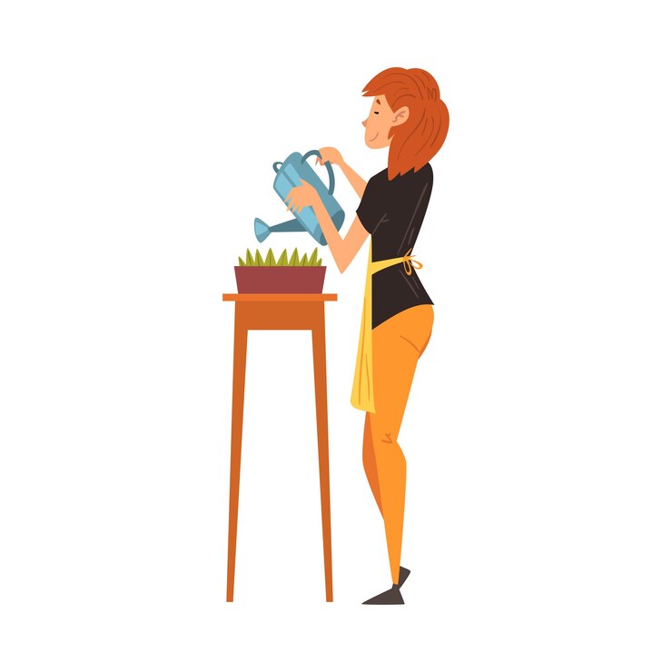 Vector mujer joven con delantal regando plantas con una lata de riego niña disfrutando de la ilustración vectorial de jardinería