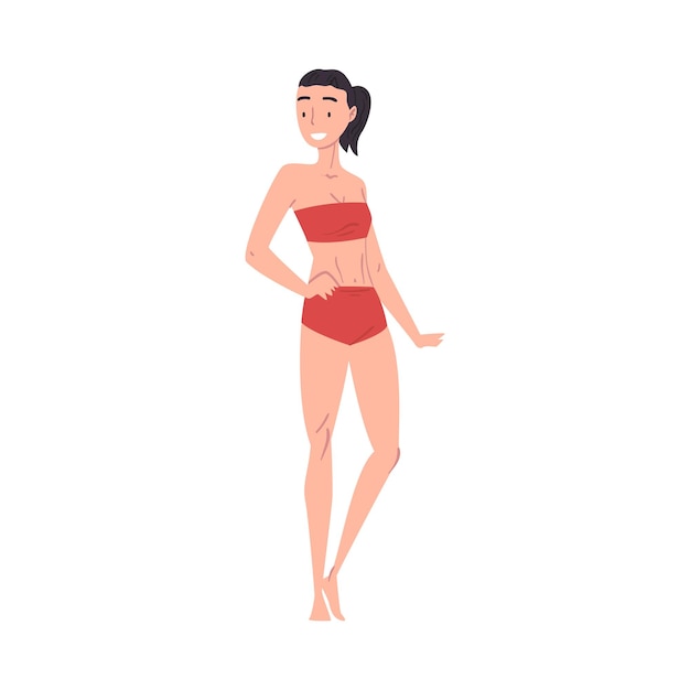 Mujer joven delgada en traje de baño rojo Figura femenina delgada Ilustración vectorial de estilo dibujos animados en fondo blanco