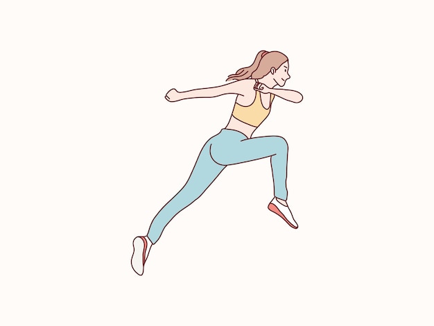 mujer joven, en, deporte, funcionamiento, ejercicio, jogging, entrenamiento, simple, estilo coreano, ilustración
