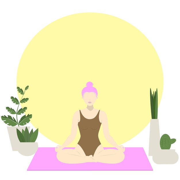 Mujer joven deportiva haciendo ejercicios de yoga en la alfombra cerca de las plantas estilo de vida saludable