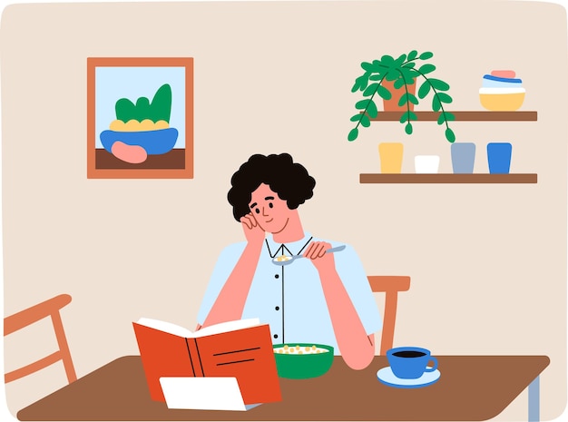 Mujer joven desayunando en casa y leyendo un libro Fines de semana Ilustración de dibujos animados de vector plano