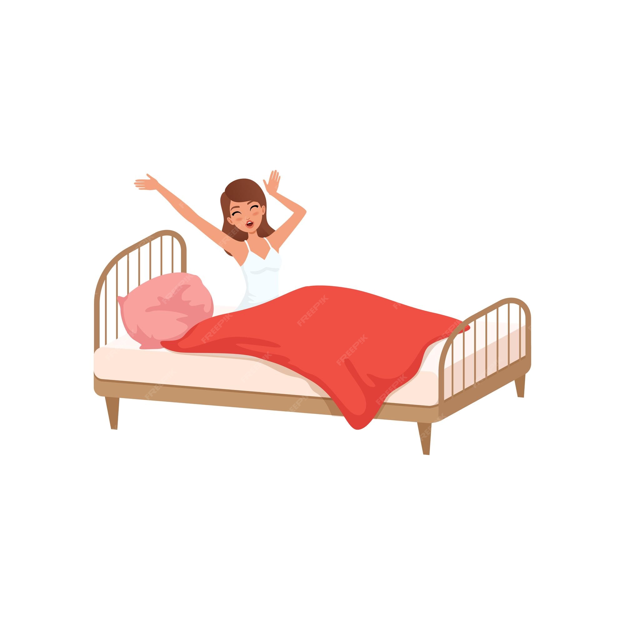 Mujer joven despertando comenzando un buen día, actividad de la gente, vector de rutina diaria aislado ilustración sobre un fondo blanco. | Vector Premium Mujer joven despertando comenzando un buen día, actividad de la gente, vector de rutina diaria aislado ilustración sobre un fondo blanco. | Vector Premium