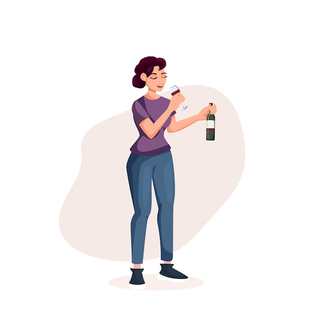 Mujer joven del Día Nacional del Vino bebiendo vino y sosteniendo una copa y una botella de dibujos animados de vectores de vino
