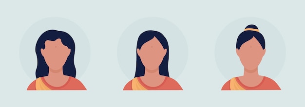 Mujer joven con diferentes peinados conjunto de avatar de personaje de vector de color semi plano