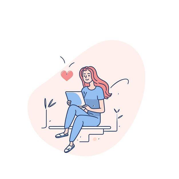 Una mujer joven disfruta escribiendo en una computadora portátil mientras está sentada en un banco con el corazón flotando por encima del tranquilo aire libre