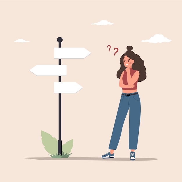 Vector mujer joven en duda personaje femenino lindo de pie en el puntero y tomando una elección o decisión concepto de encontrar la dirección o ruta correcta en la vida ilustración vectorial en estilo de dibujos animados plano