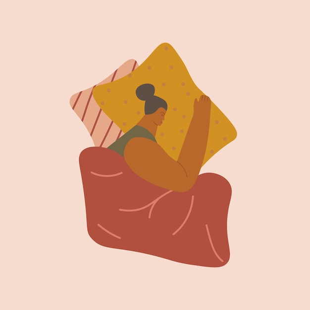 Mujer joven durmiendo en la cama. ilustración vectorial plana