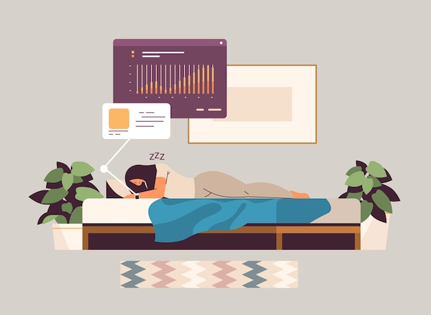 Mujer joven durmiendo en la cama con rastreador de aplicaciones de reloj inteligente electrónico en la mano control de calidad y cantidad de sueño