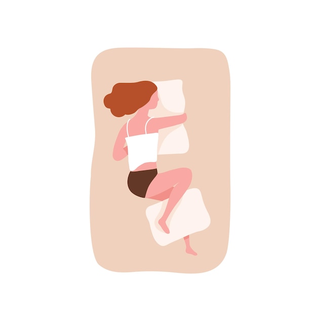 Mujer joven durmiendo de lado y abrazando la almohada. Linda chica divertida durmiendo en una cama cómoda. Relajación nocturna, sueño, descanso o siesta. Vista superior. Ilustración de vector colorido de dibujos animados plana.