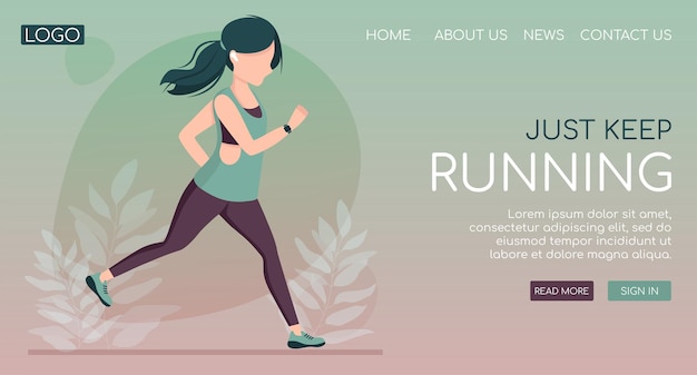 Mujer joven ejecutar ropa deportiva al aire libre con un rastreador de fitness y EarPods. Plantilla de diseño web de página de destino.