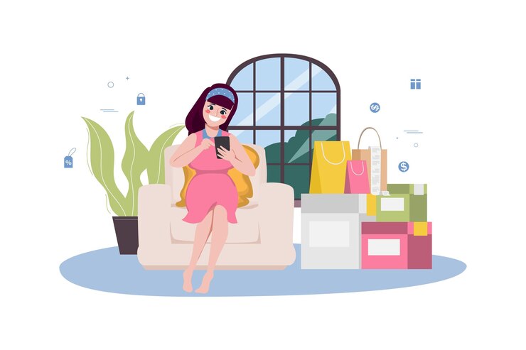 Vector mujer joven embarazada compras en línea y servicio de entrega