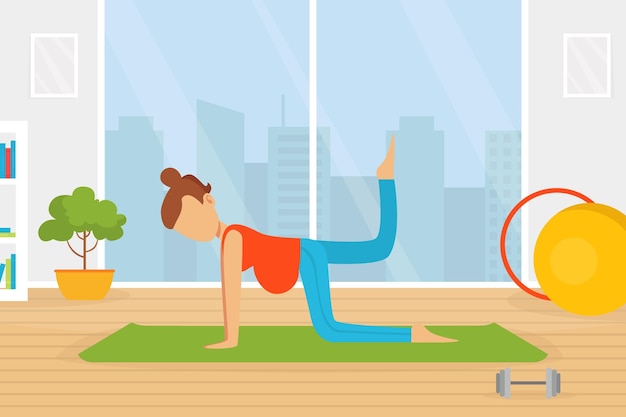 Mujer joven embarazada haciendo deportes en el gimnasio embarazo activo vector concepto de estilo de vida saludable