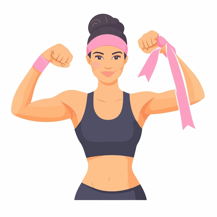 Vector mujer joven empoderadora sosteniendo una cinta rosada en una postura de flexión