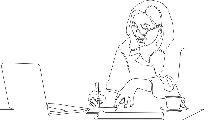 Vector mujer joven enfocada usando una computadora portátil