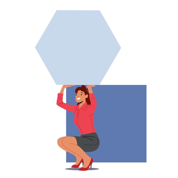 Mujer joven con enormes piezas de rompecabezas abstractas Cuadrado y hexágono en las manos Trabajo en equipo Cooperación Tarea Solución Idea creativa integrada en el proceso de negocio Concepto Dibujos animados Personas Vector Ilustración