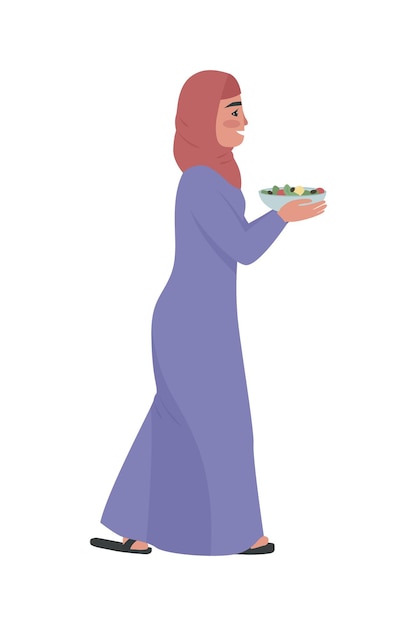 Mujer joven con ensalada de carácter vectorial de color semi plano. Figura que camina. Persona de cuerpo entero en blanco. Señora con pañuelo en la cabeza aislado ilustración de estilo de dibujos animados moderno para diseño gráfico y animación