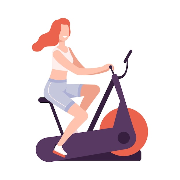 Mujer joven entrenamiento en ejercicios en bicicleta niña haciendo deportes en el gimnasio del club de fitness o en el hogar estilo de vida saludable activo ilustración vectorial de estilo plano