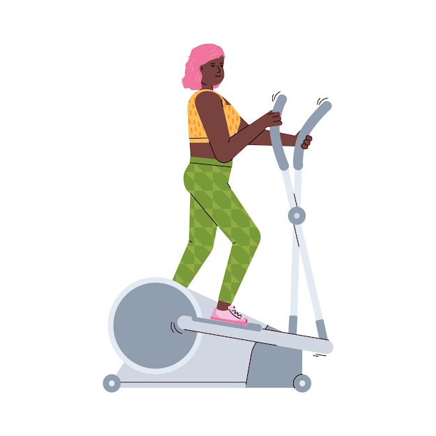 Mujer joven entrenando en máquina elíptica en el gimnasio o en casa un