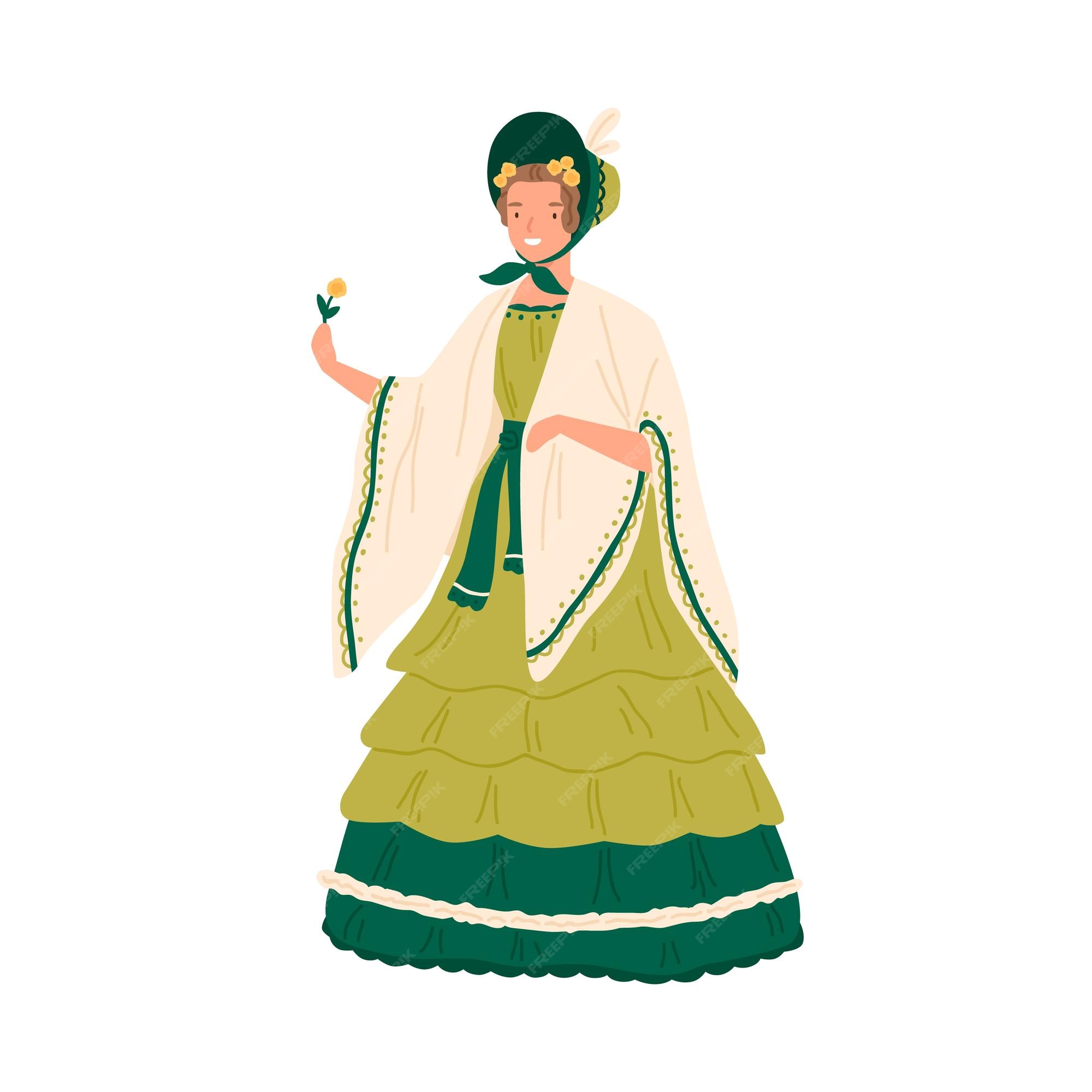 Mujer joven de época con vestido retro y sombrero decorado con volantes al  estilo de la década de 1830. personaje femenino con elegante ropa barroca.  ilustración de dibujos animados de vector plano