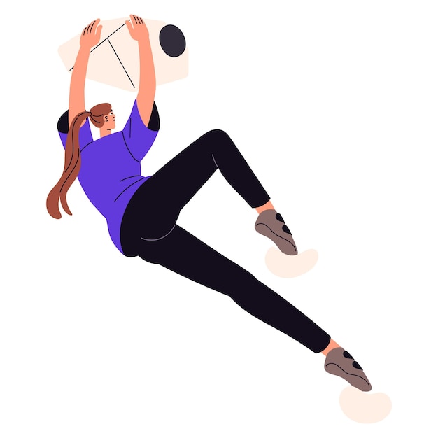 Mujer joven escalando en una pared de roca en un gimnasio de parque de montaña artificial Climbador hacia arriba en la roca agarrando piedras colgantes en altura Deporte extremo Ilustración vectorial aislada plana en blanco