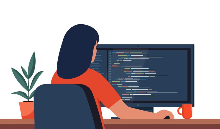 Vector mujer joven escribiendo código en una computadora de escritorio desarrollador de software en el trabajo programación