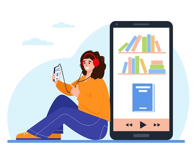 Mujer joven escuchando audiolibro o podcast en línea Chica y gran teléfono inteligente con libros