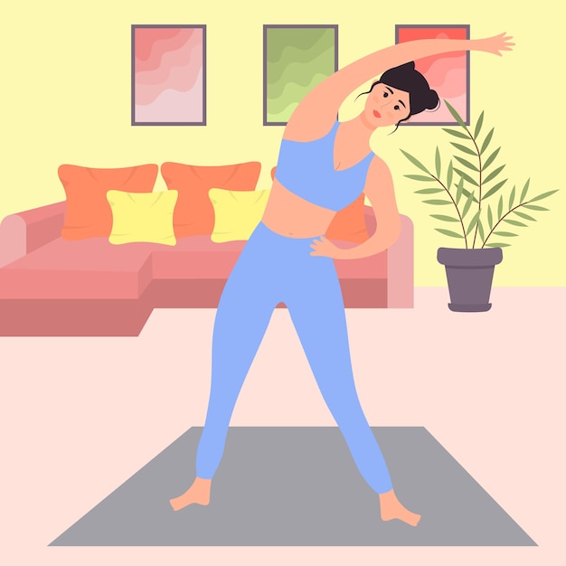 La mujer joven está haciendo ejercicio en la sala de estar Ejercicio físico en casa Rutina diaria de la mañana