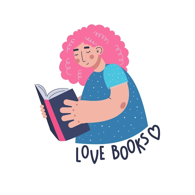 La mujer joven está leyendo un libro. Una mujer tiene el pelo rosado y rizado. Linda ilustración.