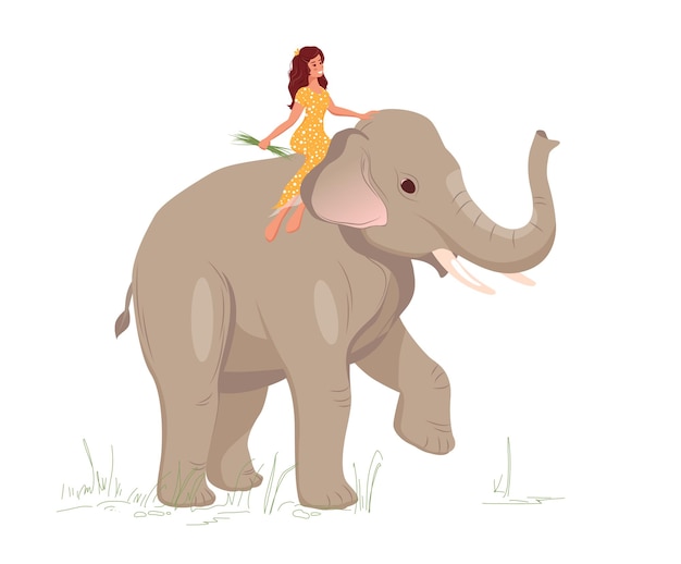 Una mujer joven está sentada en un elefante caminando y alimentando hierba a un elefante grande Estilo plano