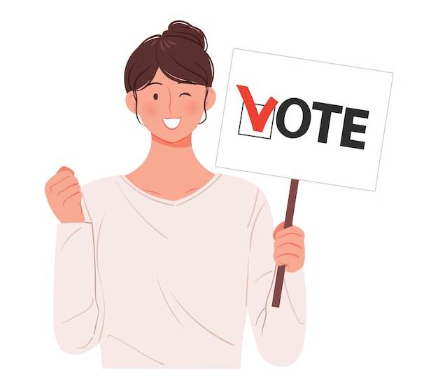 Una mujer joven está sosteniendo un piquete alentando la votación Ilustración de vector de personaje de concepto de elección