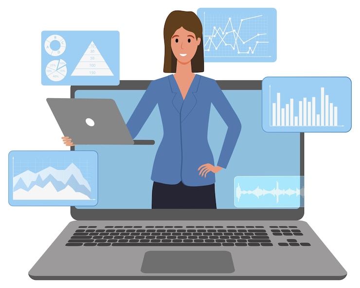 Vector una mujer joven está trabajando en su computadora portátil. trabajo de oficina en línea, trabajo independiente y análisis de negocios.