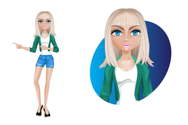 Vector mujer joven con estilo en pantalones cortos y una chaqueta verde hermoso personaje de dibujos animados moderno posedemostrar