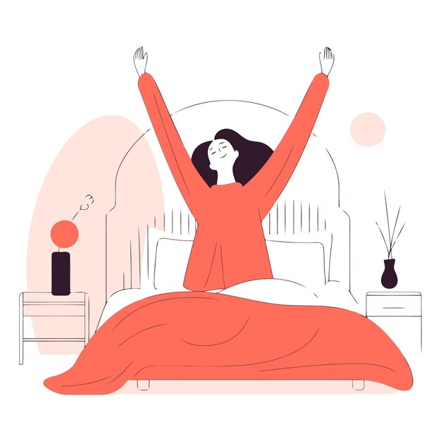 Vector mujer joven estirándose en la cama por la mañana ilustración plana vectorial