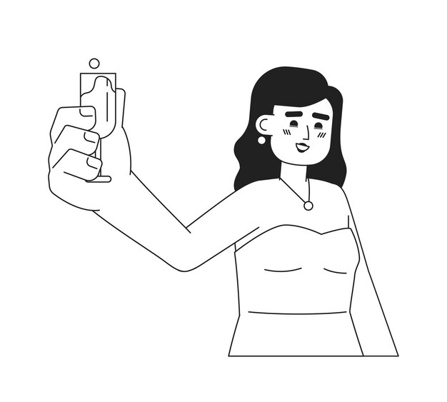 Mujer joven europea brindando con vino espumoso carácter vectorial plano monocromático