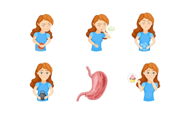 Mujer joven experimentando dolor en el estómago conjunto de ilustraciones vectoriales
