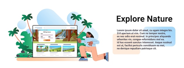 Mujer joven explorando la naturaleza en línea en el monitor de la computadora, relájese al aire libre, disfrute de vistas panorámicas de la naturaleza, concepto de libertad