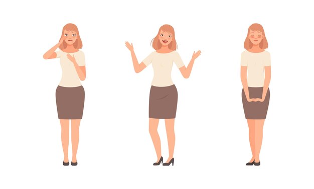Mujer joven expresando diferentes emociones llorando y riendo conjunto vectorial